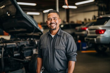 Fototapeta premium Portrait of a middle aged male car mechanic in workshop