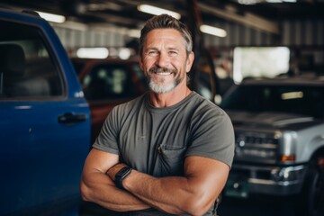 Obraz premium Portrait of a middle aged male car mechanic in workshop
