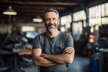 Obraz premium Portrait of a middle aged male car mechanic in workshop