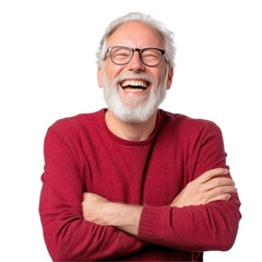 A man in a red sweater is smiling and laughing on a transparent background.