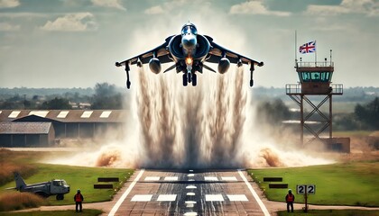 Harrier jet performing a vertical landing on an airfield