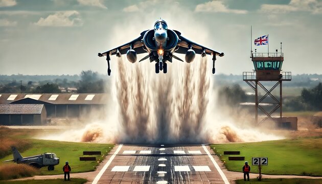 Harrier jet performing a vertical landing on an airfield