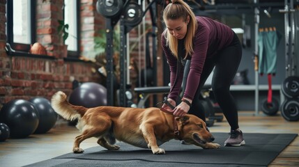 Coach is helping fit strong sportswoman with bird dog workout in a gym. 