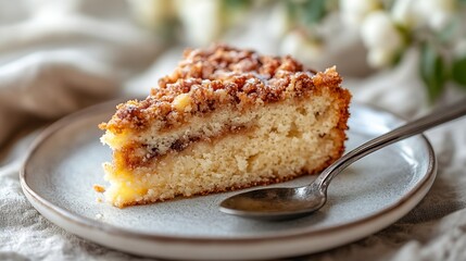 A piece of delicious coffee cake A wedgeshaped portion served on a small plate with a spoon breaking a bite : Generative AI