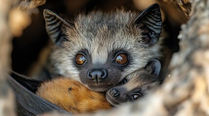 Obraz premium Close up face portrait of african fruit bat mother taking care of cute newborn baby cub very sweet and lovely in beautiful nature on safari game in wild sanctuary Kruger National Park : Generative AI