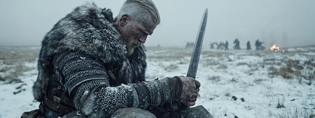 Naklejka premium Ancient echoes - Scandinavian spirit embodied in Viking warrior, resilient cold-climate dweller, navigating harsh landscapes with indomitable courage, timeless heritage, a rich cultural legacy.