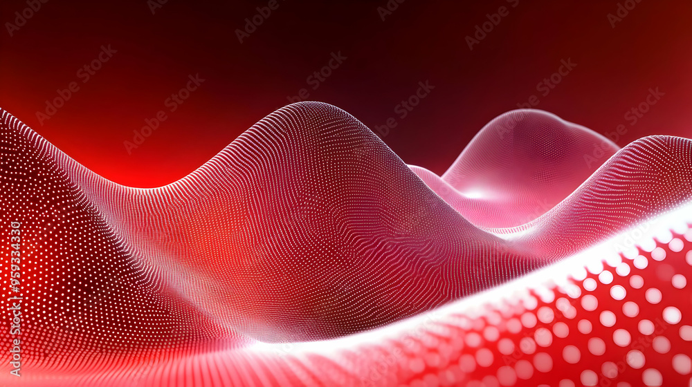 Poster Abstract red and white dotted 3D landscape with glowing waves.