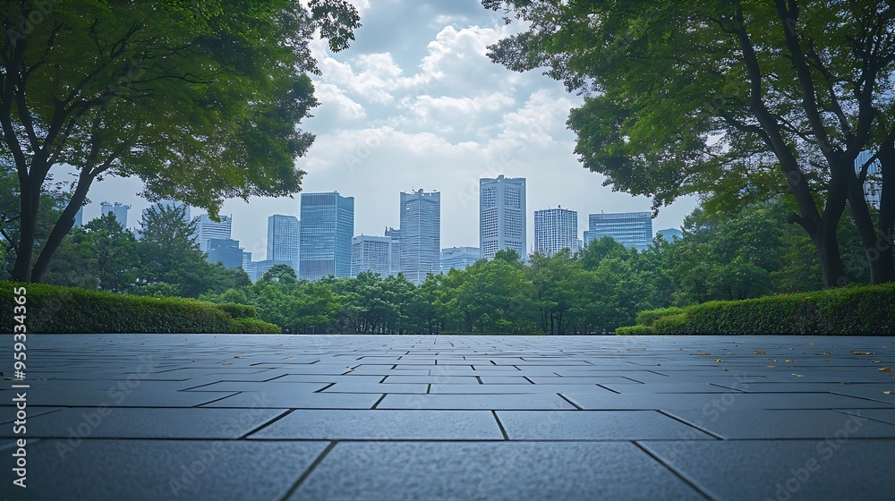 Poster Empty square floor and green forest with city skyline scenery : Generative AI