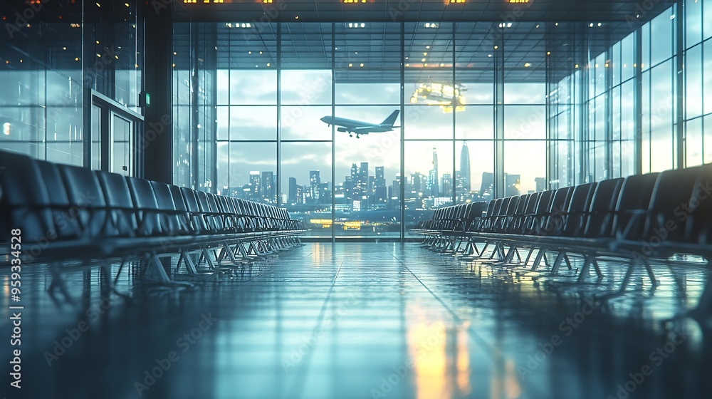 Aufkleber Airport terminal interior with rows of empty seats city view and a flying by airplane 3D Rendering : Generative AI