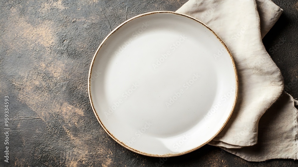 Aufkleber empty white plate with a beige linen napkin on a brown rustic background top view flat lay copy spac