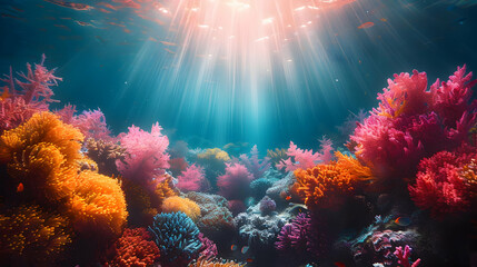 Fototapeta premium Vibrant Coral Reef Underwater Scene with Sunbeams Illustration