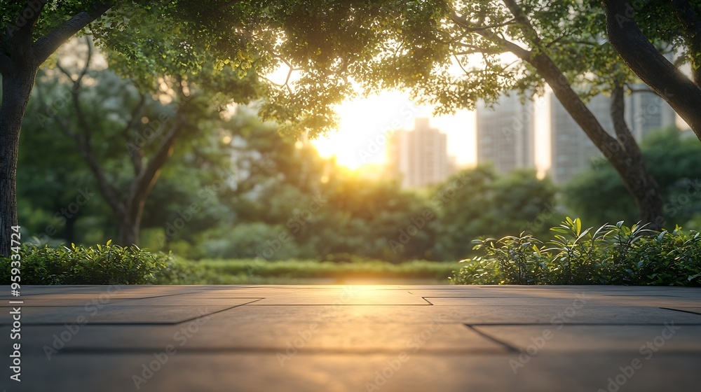 Poster empty square floor and green forest with buildings landscape at sunset : generative ai