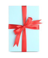 Gift box with red satin bow isolated on white