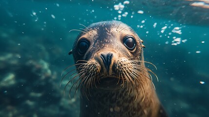 Fototapeta premium Galapagos fur seal Arctocephalus galapagoensis swimming at camera in tropical underwaters Lion seal in under water world Observation of wildlife ocean Scuba diving adventure in Ecuador : Generative AI