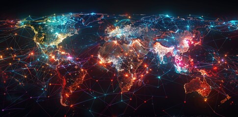 Global network connections illustrated on a world map with luminous lines and nodes. Bright colors highlight the transfer of information and communication across the globe, showcasing intricate 