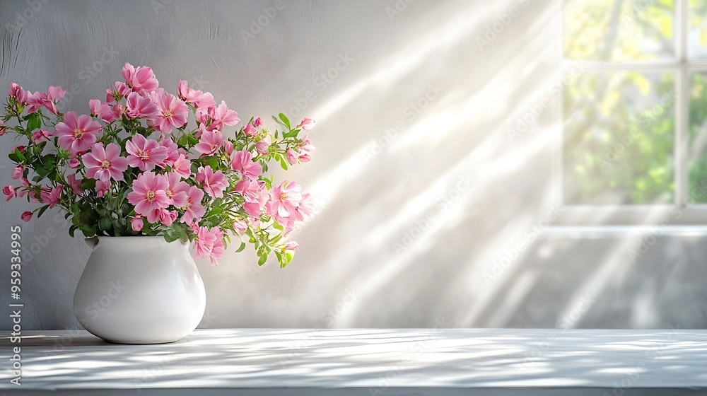 Aufkleber table background of free space and kitchen interiorwhite wall with shadows and sunny warm morning ti