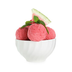 Scoops of tasty watermelon sorbet in bowl, fresh fruit and mint isolated on white