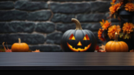 Halloween pumpkin background with empty space on the table. Walloween celebration banner for advertising product