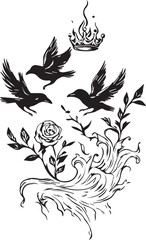 Gothic Birds, Crown, and Rose Design