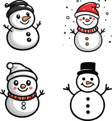 Cute Cartoon Snowmen in Winter Hats