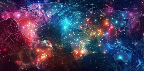 Detailed visual of global network connections on a world map, featuring bright, luminous lines and nodes. The illustration shows the transfer of information and communication worldwide