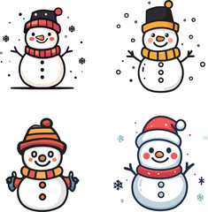Cute Cartoon Snowmen in Winter Hats