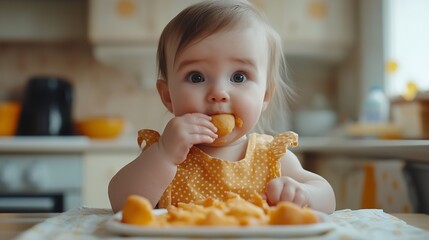 Cute baby girl eating lunch in the kitchen Little kid tasting solids at home Baby led weaning : Generative AI