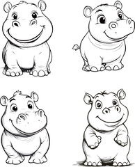 Cute Cartoon Hippos in Black and White