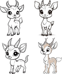 Adorable Cartoon Baby Antelopes in Black and White