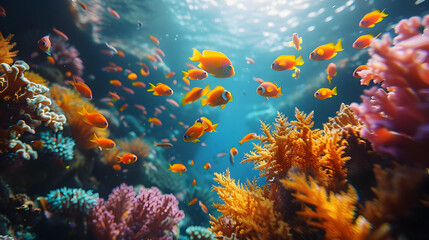 Naklejka premium Underwater Coral Reef With Orange Fish - Realistic Image