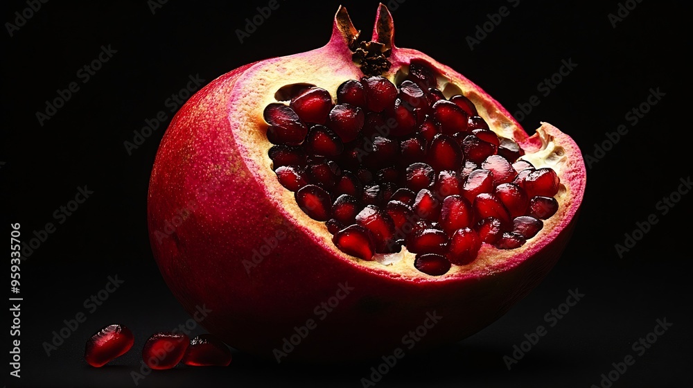 Poster artistic close up macro tropical open pomegranate with seeds also called punica granatum photographe