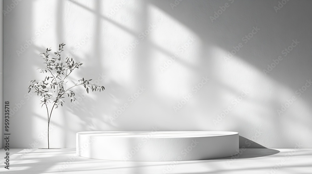 Poster White Wall Studio BackgroundEmpty Grey Room Background with Light Leaves Shadow on Table Top Surface TextureBackdrop Mockup Display Podium Design for displaying product present of Cosm : Generative AI