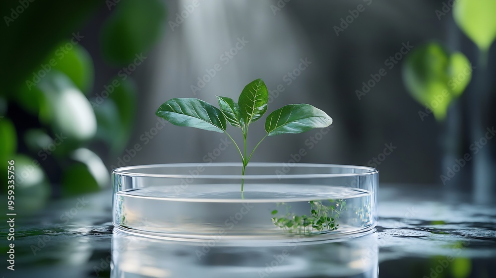 Aufkleber gotu kula decorated in petri dish and transparent podium with blank space in laboratory background f