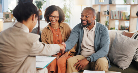 Financial advisor, handshake and mature couple and deal for estate planning, asset management or...