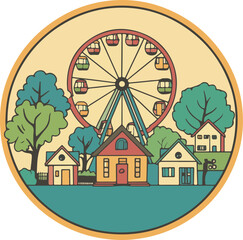 Colorful Ferris Wheel and Houses