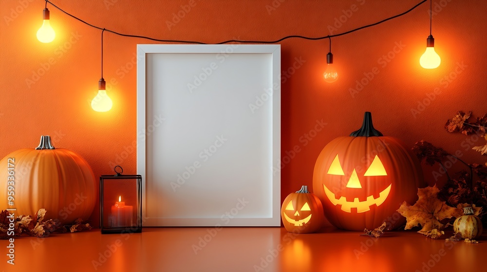 Leinwandbilder white empty frame in orange solid color studio scene white lights halloween background product displ