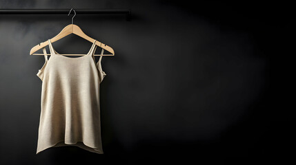 Beige tank top hanging on a wooden hanger against a black background.