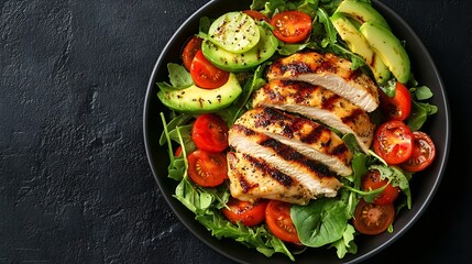 Trendy salad Chicken grilled fillet with salad fresh tomatoes and avocado Healthy food ketogenic diet diet lunch concept KetoPaleo diet menu Top view overhead banner : Generative AI
