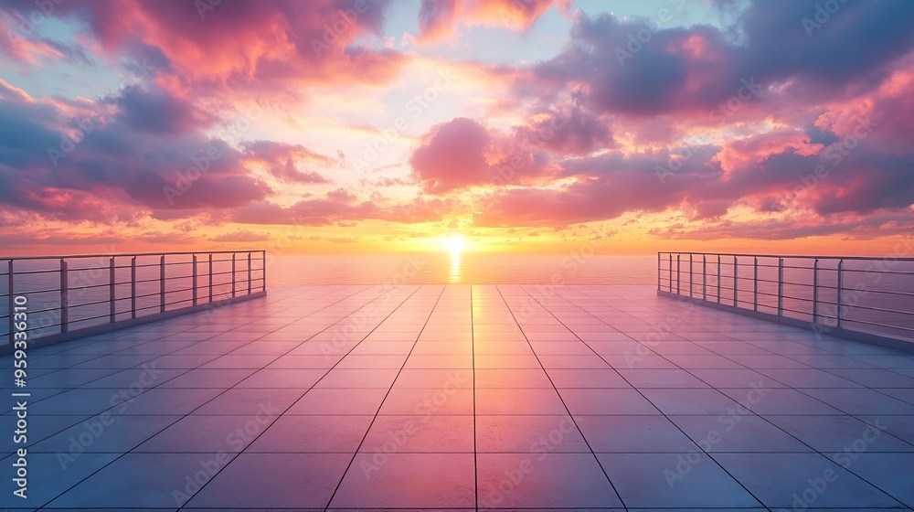 Poster Empty square floor and bridge with sky cloud background at sunset : Generative AI