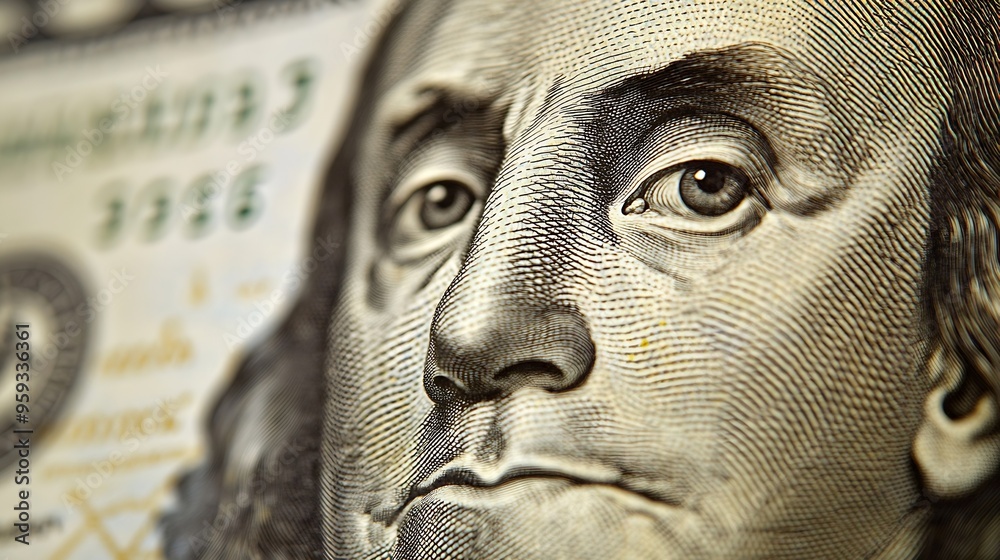 Aufkleber High resolution macro image of Benjamin Franklin on the one hundred US Dollar bill Close up : Generative AI