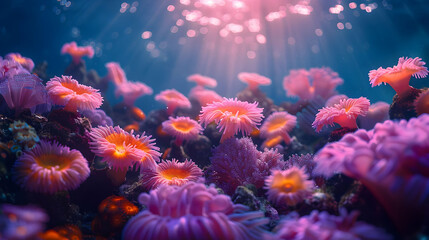 Fototapeta premium Vibrant Pink and Orange Sea Anemones Underwater Illustration
