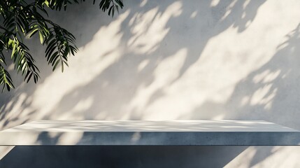 White concrete empty table organic curtain and plant shadow on cement wall Summer exterior scene for product placement mockup Neutral minimal aesthetic : Generative AI
