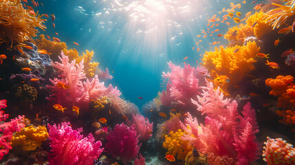 Fototapeta premium Underwater Coral Reef Scene with Sunlight and Fish