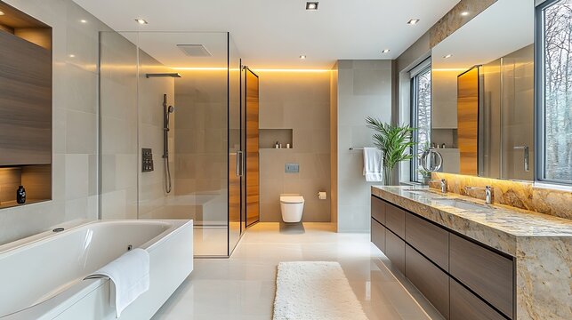 Spacious modern contemporary master bathroom with jacuzzi hot tube large glass walk in shower new stone counter wall mirrors lighting plus towel warmer rack : Generative AI