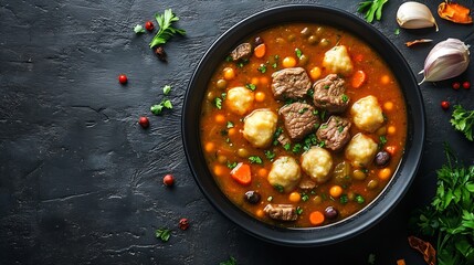 gungo peas pigeon peas soup with dumplings and beef in black bowl on concrete table with ingredients jamaican cuisine horizontal view from above flat lay : Generative AI