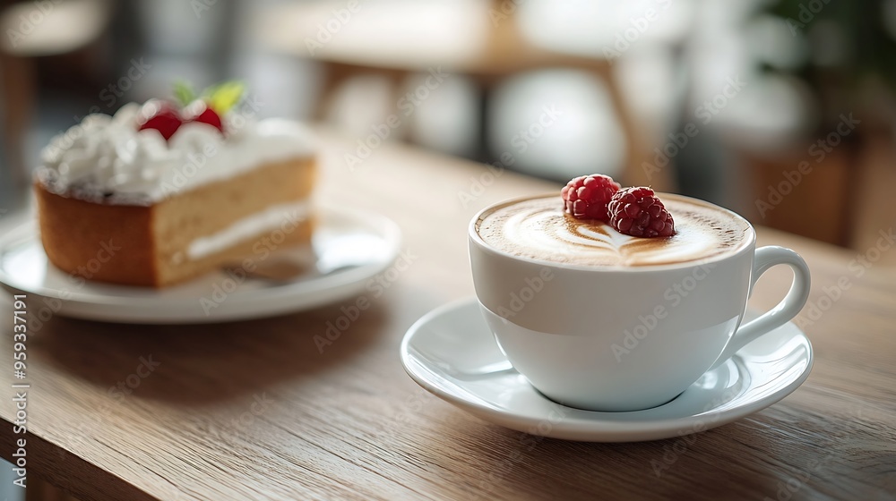 Poster cup of latte coffee stand on a wooden table near on the table lie sweets cake : generative ai