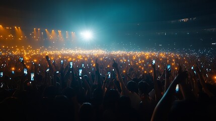 Many fun people lift hand up hold cell phone flash light Fan crowd wave flashlights Epic live music concert atmosphere Big open air k pop arena Cool night fest Lot joy men hang out Kpo : Generative AI