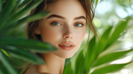 Naklejka premium Beautiful woman with perfect skin and natural makeup holding tropical leaves : Generative AI