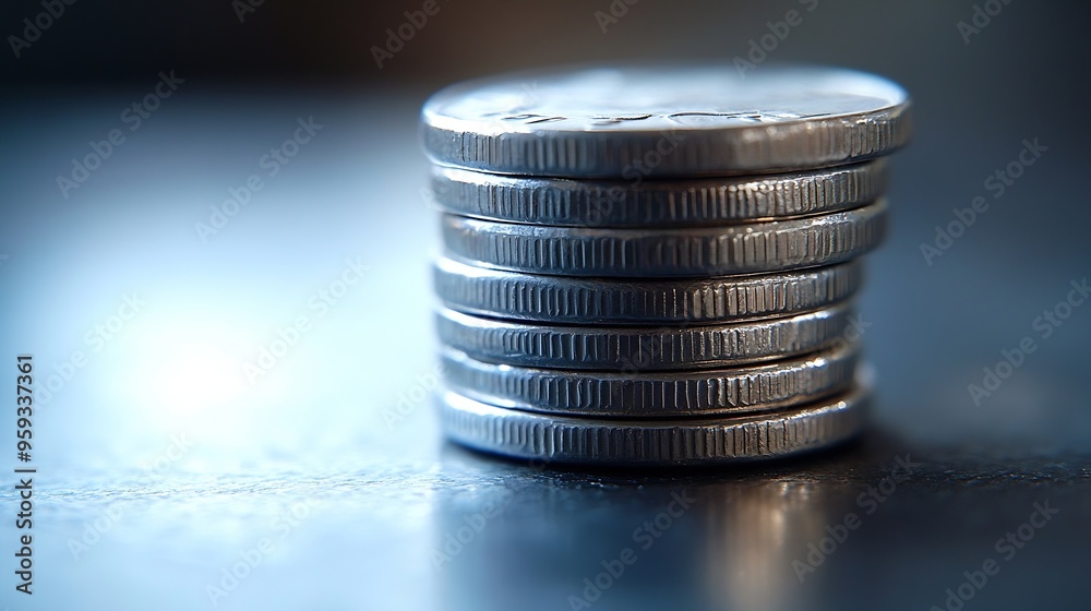 Poster Stack of silver coins presentation at table going up as symbol of prosperity and rising income closeup : Generative AI