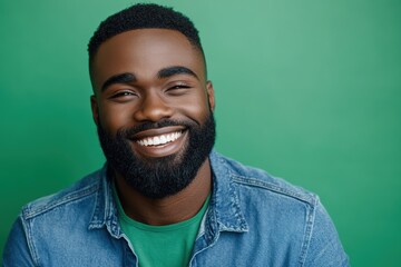 Smiling Black Man with Beard in Denim Shirt. Generative AI.